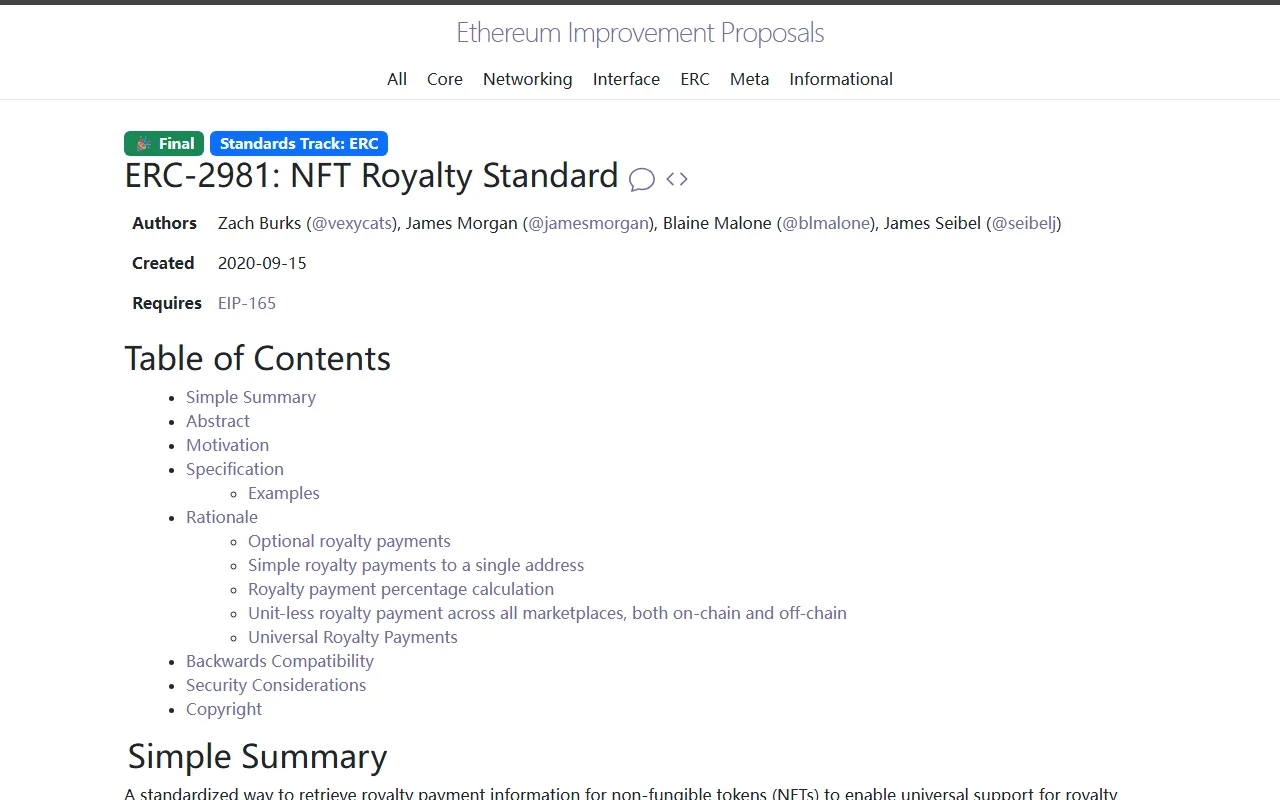 ERC-2981 NFT 版稅標準官方頁面,狀態為 Final,目錄包含 Optional royalty payments 等章節