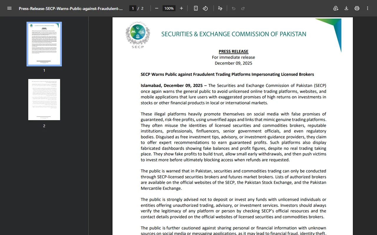 SECP پاکستان کی licensed brokers بننے والی fraudulent platforms کے خلاف سرکاری warning
