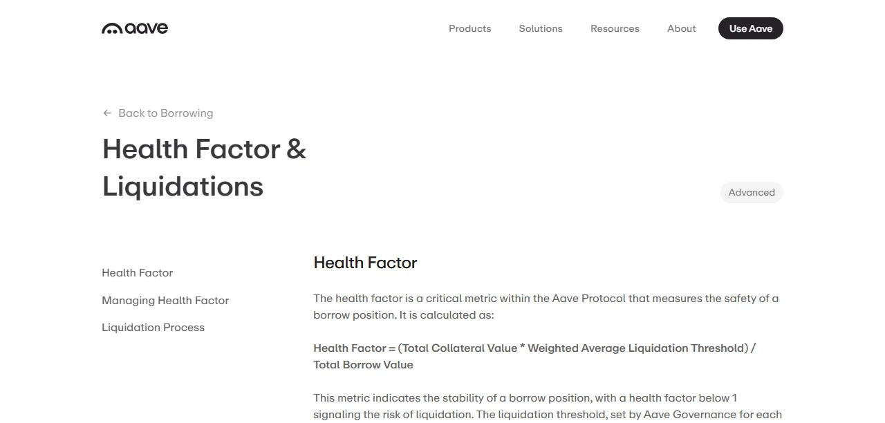 Aave 官方說明文件 Health Factor 與清算頁面截圖，列出健康係數公式等於總抵押品價值乘以加權平均清算門檻再除以總借款價值，並說明健康係數低於 1 即面臨清算風險