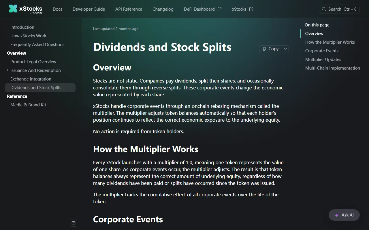 xStocks 官方文件 Dividends and Stock Splits 頁面,說明股息與拆股透過鏈上 multiplier 再基準機制反映,持有人無需操作